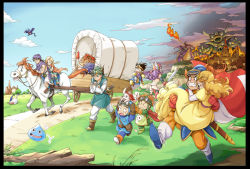 Rule 34 | 3girls, 5boys, 83pikoru, ass, bag, belt, bianca (dq5), black hair, blonde hair, blue hat, blue sky, boots, borongo, braid, breath weapon, breathing fire, brown footwear, brown gloves, burning, burning building, cape, carrying, castle, character request, closed eyes, cloud, covered wagon, crossed arms, curly hair, day, dog, dracky, dragon, dragon quest, dragon quest ii, dragon quest iii, dragon quest iv, dragon quest v, dress, fire, fleeing, gloves, goggles, goggles on head, grabbing another&#039;s hair, grass, green footwear, green hair, handbag, hat, headband, helmet, hero (dq4), hero (dq5), horse, house, md5 mismatch, monster, multiple boys, multiple girls, orange footwear, orange hair, orange pants, outdoors, pants, path, prince of lorasia, prince of samantoria, princess carry, princess laura, purple cape, purple hair, red cape, red footwear, red gloves, red headwear, reins, resolution mismatch, road, roto (dq3), sheath, shoes, sky, slime (dragon quest), soldier (dq3), source smaller, spiked hair, sword, tunic, turban, weapon, winged helmet, yellow dress