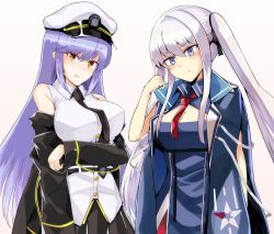 Rule 34 | 2girls, alternate hairstyle, azur lane, black coat, black neckwear, blue eyes, blue hair, blush, breasts, brown eyes, cleavage, cleavage cutout, clothing cutout, coat, commentary request, cosplay, costume switch, enterprise (azur lane), enterprise (azur lane) (cosplay), essex (azur lane), essex (azur lane) (cosplay), hair between eyes, hairstyle switch, hat, hi-lin., large breasts, long hair, long sleeves, looking at viewer, multiple girls, necktie, off shoulder, peaked cap, red neckwear, sleeveless, white hair