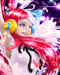 Rule 34 | 1girl, arm up, artist name, bon-chan, falling feathers, feathers, hair rings, headphones, highres, lipstick, long hair, makeup, multicolored hair, one piece, one piece film: red, purple eyes, realistic, ribbon, smile, twintails, two-tone hair, uta (one piece)