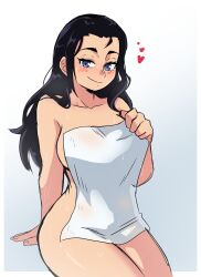 Rule 34 | 1girl, arm support, black hair, blue eyes, blush, breasts, collarbone, dashi (dashiart), heart, highres, large breasts, long hair, looking at viewer, naked towel, nico robin, one piece, sideboob, sitting, smile, solo, towel, wet