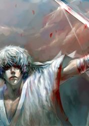Rule 34 | 1boy, a9219669, blood, blood in mouth, gintama, headband, japanese clothes, joui, katana, male focus, realistic, red eyes, sakata gintoki, silver hair, solo, sword, weapon