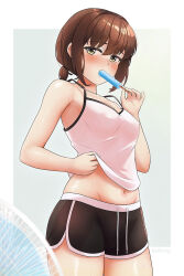 Rule 34 | 1girl, arthur ko, black shorts, blush, border, brown eyes, brown hair, camisole, clothes lift, commentary request, cowboy shot, electric fan, food, fubuki (kancolle), highres, holding, holding food, kantai collection, lifted by self, looking at viewer, navel, popsicle, shirt lift, short hair, short ponytail, short shorts, shorts, simple background, solo, sweat, tank top, twitter username, white border, white camisole, white tank top