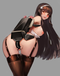 Rule 34 | 1girl, anus, ass, bad id, bad pixiv id, bar censor, black hair, black thighhighs, blunt bangs, blush, breasts, censored, clothes pull, dress, dress pull, elbow gloves, flower, garter straps, girls&#039; frontline, gloves, grey background, hair flower, hair ornament, hairband, highres, kibellin, large breasts, lipstick, long hair, looking at viewer, machine, makeup, nipples, parted lips, puffy nipples, pussy, sex, sidelocks, simple background, skindentation, solo, teeth, thighhighs, thighs, type 95 (girls&#039; frontline), very long hair, white gloves, white hairband, yellow eyes