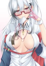 Rule 34 | 1girl, azur lane, blush, breasts, butterfly hair ornament, center opening, choker, cleavage cutout, clothing cutout, commentary request, cosplay, dunkerque (azur lane), glasses, gloves, grey hair, hair ornament, half gloves, highres, id card, lanyard, large breasts, looking at viewer, mouth hold, nurse, perseus (azur lane), perseus (azur lane) (cosplay), perseus (unfamiliar duties) (azur lane), pink gloves, red-framed eyewear, red eyes, rei (09991), sidelocks, syringe, upper body