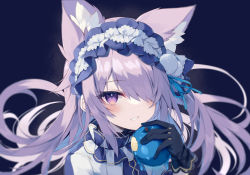 Rule 34 | 1girl, absurdres, animal ear fluff, animal ears, apple, black gloves, blue apple, commentary request, food, fruit, gloves, hair over one eye, hand up, highres, holding, holding food, holding fruit, long hair, looking at viewer, nibiiro shizuka, original, parted lips, purple eyes, purple hair, shirt, smile, solo, very long hair, white shirt