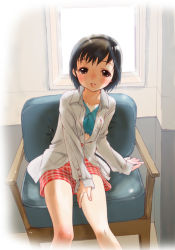 Rule 34 | black hair, brown eyes, copyright request, inuburo, legs, open clothes, open shirt, shirt, short hair, sitting, solo