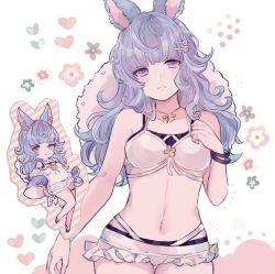 Rule 34 | 1girl, animal ears, arm at side, bare shoulders, bikini, bikini skirt, blue hair, blunt bangs, blush, bracelet, breasts, chibi, closed mouth, collarbone, cowboy shot, frown, granblue fantasy, hair ornament, hairclip, hand up, hat, hat on back, holding, holding stuffed toy, jewelry, long hair, looking at viewer, navel, shiina kimagure, small breasts, solo, straw hat, stuffed toy, swimsuit, tikoh, tikoh (summer), white bikini