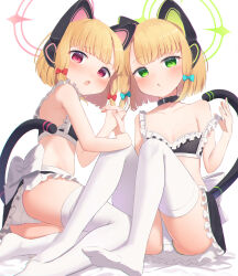 Rule 34 | 2girls, absurdres, animal ear headphones, animal ears, ass, bare shoulders, black bra, black skirt, blonde hair, blue archive, blue bow, blush, bow, bra, breasts, cat ear headphones, cat tail, fake animal ears, frilled skirt, frills, green eyes, hair bow, halo, headphones, highres, holding hands, interlocked fingers, knees up, looking at viewer, midori (blue archive), miniskirt, momoi (blue archive), multiple girls, panties, parted bangs, pink eyes, red bow, short hair, siblings, sisters, sitting, skirt, small breasts, tail, takeroku, thighhighs, twins, underwear, white panties, white thighhighs