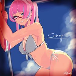 Rule 34 | 1girl, bikini, blue eyes, blue hair, blue sky, breasts, character name, cleavage, cloud, day, gbmah, glasses, grin, highres, large breasts, looking at viewer, matching hair/eyes, multicolored hair, navel, parasol, pink hair, red-framed eyewear, rokusaki coney, sky, smile, solo, swimsuit, tokyo 7th sisters, twintails, two-tone hair, umbrella, white bikini