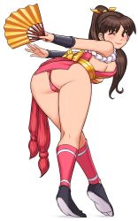 Rule 34 | 1girl, ass, breasts, brown eyes, brown hair, closed mouth, commentary request, fatal fury, full body, hand fan, highres, holding, jacket, japanese clothes, lips, long hair, looking back, medium breasts, ninja, one eye closed, panties, parted bangs, ponytail, revealing clothes, rope, shigenobu, shiny skin, shiranui mai, simple background, sleeveless, smile, snk, solo, the king of fighters, underwear, white background