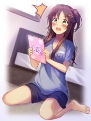 Rule 34 | 1girl, barefoot, bed, blue shorts, blush, breasts, brown hair, collarbone, commentary request, green eyes, hair ornament, hairclip, himekawa yuki, holding, idolmaster, idolmaster cinderella girls, indoors, long hair, looking at viewer, medium breasts, one side up, open mouth, purple shirt, shirt, short shorts, shorts, smile, solo, teeth, upper teeth only, window, z.nov