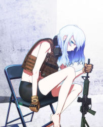 Rule 34 | 1girl, assault rifle, barefoot, bike shorts, blue eyes, blue hair, chair, commentary, english commentary, folding chair, gloves, gun, headset, highres, holding, holding gun, holding weapon, load bearing vest, long hair, looking at viewer, m4 carbine, original, rifle, robota81, sitting, weapon