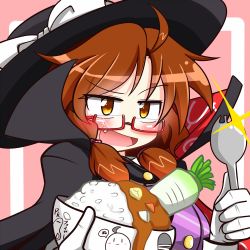 Rule 34 | &gt;:d, 1girl, :d, ahoge, bowl, brown eyes, brown hair, cape, cocked eyebrow, curry, curry rice, daikon, fang, food, glasses, glint, gloves, hat, open mouth, radish, raised eyebrow, rice, rindou (p41neko), semi-rimless eyewear, short hair, simple background, smile, solo, spork, touhou, usami sumireko, v-shaped eyebrows, white gloves
