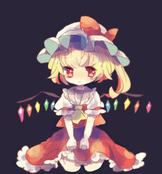 Rule 34 | 1girl, ascot, bat wings, black background, blonde hair, chibi, crystal, flandre scarlet, hat, hat ribbon, hiyuu (hiyualice), kneeling, mob cap, multicolored wings, one side up, puffy short sleeves, puffy sleeves, red eyes, red vest, ribbon, short sleeves, side ponytail, skirt, skirt set, solo, star (symbol), touhou, vest, white hat, wings, yellow ascot