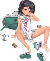 Rule 34 | 1girl, braid, dress, full body, jiji (aardvark), kantai collection, mole, mole under eye, official art, sandals, scirocco (kancolle), shoes, solo, torn clothes, torn dress, transparent background, unworn sandals, unworn shoes