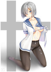 Rule 34 | 1girl, black pantyhose, blue bra, blue eyes, blue panties, blush, bra, breasts, cum, cum on body, facial, female focus, full body, gloves, gusset, hair ornament, hair over one eye, hairclip, hamakaze (kancolle), kantai collection, large breasts, looking at viewer, multicolored bra, multicolored clothes, multicolored panties, navel, osafune kairi, panties, pantyhose, photoshop (medium), school uniform, see-through, serafuku, short hair, short sleeves, silver hair, solo, striped bra, striped clothes, striped panties, underwear, white bra, white gloves, white panties