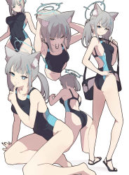 Rule 34 | animal ear fluff, animal ears, black one-piece swimsuit, blue archive, blue eyes, breasts, collarbone, competition swimsuit, cross, cross hair ornament, extra ears, grey hair, hair ornament, halo, highleg, highleg swimsuit, highres, inverted cross, low ponytail, medium breasts, mismatched pupils, momiji oroshi, multicolored clothes, multicolored swimsuit, official alternate costume, one-piece swimsuit, ponytail, sandals, shiroko (blue archive), shiroko (swimsuit) (blue archive), swimsuit, two-tone swimsuit