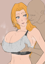 Rule 34 | 1boy, 1girl, absurdres, bleach, blue eyes, blush, bra, breasts, brown background, cleavage, commentary, faceless, faceless male, grabbing, grabbing another&#039;s breast, grabbing from behind, grey bra, hetero, highres, huge breasts, iwao178, long hair, looking at another, looking back, matsumoto rangiku, navel, orange hair, paid reward available, parted bangs, parted lips, simple background, smile, solo focus, sports bra, steaming body, sweat, sweatdrop, underwear, upper body