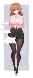 Rule 34 | 1girl, absurdres, black pantyhose, blush, breasts, brown hair, closed mouth, collared shirt, dev (dev0614), flying sweatdrops, full body, high heels, highres, id card, lanyard, large breasts, long hair, long sleeves, looking at viewer, messy hair, office lady, original, own hands together, pantyhose, pink footwear, pink shirt, shirt, solo, speech bubble, thick thighs, thighband pantyhose, thighs