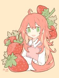 Rule 34 | 1girl, ahoge, blush, cropped legs, dated, food, fruit, green eyes, hair between eyes, long hair, long sleeves, melanbread, open mouth, original, red hair, shirt, signature, simple background, solo, strawberry, sweater vest, white shirt, yellow background