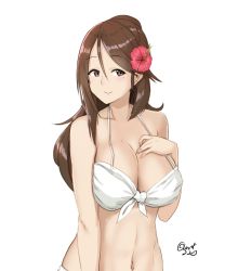 Rule 34 | 10s, 1girl, amagi (kancolle), bikini, blush, breasts, brown eyes, brown hair, cleavage, closed mouth, collarbone, flower, hair between eyes, hair flower, hair ornament, halterneck, halterneck, hayabusa, kantai collection, large breasts, long hair, looking at viewer, mole, mole under eye, navel, ponytail, smile, solo, stomach, swimsuit, upper body, white bikini