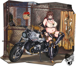 Rule 34 | .357mag, 1girl, absurdres, ahoge, barbed wire, belt, belt buckle, black footwear, boots, border, box, bracelet, breasts, brick wall, brown hair, brown legwear, buckle, cardboard box, chain, cigarette, cleavage, corrugated galvanised iron sheet, corset, decal, dumpster, engine, fence, frills, glasses, graffiti, gun, handgun, heterochromia, high heel boots, high heels, highres, holding, holding weapon, industrial pipe, inverted nipples, jacket, jewelry, kickstand, knee boots, large breasts, leaning on object, lock, looking at viewer, medium hair, midriff, mole, mole on breast, motor vehicle, motorcycle, mouth hold, muffin top, nail polish, navel, off-shoulder jacket, off shoulder, original, padlock, pistol, plump, puffy nipples, ring, rust, scarf, see-through, semi-rimless eyewear, shadow, sign, slit pupils, smoke, solo, standing, standing on one leg, steel-toe boots, thick thighs, thighs, tire, trash bag, warning sign, weapon, white border, wire fence