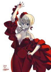Rule 34 | 1girl, 2023, blonde hair, breasts, cleavage, dress, earrings, fairy tail, highres, jewelry, large breasts, lucy heartfilia, mashima hiro, red dress, smile