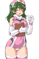 Rule 34 | 10s, 1girl, :d, bad id, bad pixiv id, bare shoulders, breasts, bright feather (busou shinki), busou shinki, clipboard, closed eyes, dd (ijigendd), doll joints, glasses, green hair, hand gesture, hat, joints, large breasts, leotard, long hair, nurse, nurse cap, open mouth, rimless eyewear, smile, solo, thigh gap, thighhighs, thighs