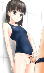 Rule 34 | 1boy, 1girl, bad id, bad pixiv id, bar censor, bare shoulders, black eyes, black hair, blue male swimwear, blue one-piece swimsuit, blue swim briefs, blush, censored, cleft of venus, clothes writing, clothing aside, competition swimsuit, covered navel, flat chest, hetero, highres, leaning back, male swimwear, male swimwear pull, one-piece swimsuit, one-piece swimsuit aside, original, penis, precum, pussy, short hair, speedo (company), swim briefs, swim briefs pull, swimsuit, swimsuit aside, takafumi