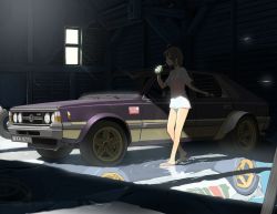 Rule 34 | 1girl, brown eyes, brown hair, car, drinking, fso, fso polonez, garage, jettoburikku, juice box, lancia stratos, looking to the side, motor vehicle, multiple persona, original, polonez, puddle, race vehicle, racecar, rally car, reflection, shadow, vehicle focus, vehicle request, water