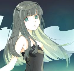 Rule 34 | 1girl, aqua eyes, bare arms, bare shoulders, black dress, blunt bangs, breasts, closed mouth, commentary request, dress, floating hair, formal, gradient background, green hair, grey hair, hime cut, long hair, looking at viewer, maruchi, multicolored hair, neck, original, small breasts, solo, strapless, strapless dress, upper body