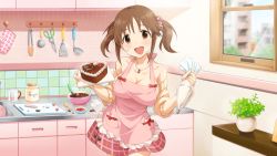 Rule 34 | 10s, 1girl, :d, apron, artist request, bare shoulders, blush, breasts, brown eyes, brown hair, cake, chocolate, cowboy shot, english text, female focus, food, food on face, heart-shaped food, highres, icing, idolmaster, idolmaster cinderella girls, idolmaster cinderella girls starlight stage, indoors, jewelry, jpeg artifacts, kitchen, large breasts, looking at viewer, mixing bowl, necklace, official art, open mouth, pastry bag, plant, potted plant, skirt, sleeves pushed up, smile, solo, star (symbol), thighhighs, totoki airi, twintails, valentine, whisk, window