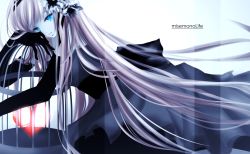 Rule 34 | 1girl, aonoe, black pantyhose, blue eyes, cage, flower, from side, glowing, hair flower, hair ornament, heart, long hair, looking at viewer, megurine luka, pantyhose, pink hair, sitting, solo, song name, very long hair, vocaloid, white background
