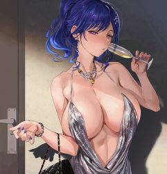 Rule 34 | 1girl, areola slip, azur lane, backless dress, backless outfit, bag, bare shoulders, blue hair, blue nails, blush, bracelet, breasts, champagne flute, cleavage, cup, deep cleavage, dress, drinking glass, drunk, earrings, evening gown, film grain, hair between eyes, hair ornament, hairclip, halter dress, halterneck, handbag, highres, holding, holding cup, huge breasts, jewelry, linea alba, looking at viewer, mhk (mechamania), nail polish, narrow waist, necklace, nipples, no bra, pink eyes, plunging neckline, revealing clothes, seductive gaze, shiny clothes, side ponytail, sideboob, sidelocks, silver dress, st. louis (azur lane), st. louis (luxurious wheels) (azur lane), toned