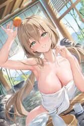 Rule 34 | 1girl, absurdres, arm up, armpits, bottle, breasts, cleavage, collarbone, commentary request, cup, dated commentary, elbow rest, food, food on head, fruit, fruit on head, green eyes, hair between eyes, highres, houkisei, large breasts, long hair, looking at viewer, low twintails, mandarin orange, momoko (houkisei), naked towel, object on head, onsen, original, parted lips, partially submerged, sake bottle, sky, smile, solo, towel, twintails, wet