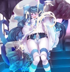 Rule 34 | 1girl, 1other, absurdres, bloomers, blue hair, blush, clothes lift, cum, cum on hands, dress, dress lift, ejaculation, erection, futa with other, futanari, futanari, giant, hair ribbon, highres, little witch nobeta, lomy913f, long hair, penis, ribbon, size difference, solo focus, tania (little witch nobeta), testicles, underwear