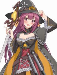 Rule 34 | 1girl, black dress, black hat, breasts, cleavage cutout, clothing cutout, cosplay request, dress, frilled dress, frills, half updo, hat, highres, kamikaze (kancolle), kantai collection, long hair, otobi, purple eyes, simple background, small breasts, smile, solo, staff, torpedo, white background, wide sleeves, witch hat