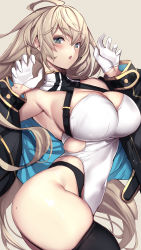 Rule 34 | 1girl, black coat, black thighhighs, blonde hair, blue eyes, breasts, clothing cutout, coat, detached collar, gloves, hair between eyes, half gloves, hands up, highres, large breasts, leotard, long hair, looking at viewer, mole, mole under eye, open clothes, open coat, open mouth, original, simple background, skindentation, solo, thighhighs, thighs, untue, white gloves, white leotard
