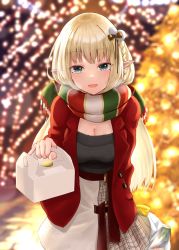 Rule 34 | 1girl, arm behind back, black sweater, blonde hair, blurry, blurry background, blush, box, braid, breasts, cleavage, coat, commentary request, cowboy shot, french braid, green eyes, highres, holding, holding box, incoming gift, long hair, looking at viewer, medium breasts, narushima kanna, night, open mouth, original, pointy ears, pom pom (clothes), red coat, skirt, smile, solo, standing, sweater, white skirt