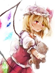 Rule 34 | 1girl, blonde hair, blouse, bow, cowboy shot, crossed arms, crying, flandre scarlet, hat, hat bow, highres, holding, kaneblob, mob cap, nail polish, open mouth, puffy sleeves, red eyes, shirt, short hair, simple background, skirt, skirt set, solo, stuffed animal, stuffed toy, tears, teddy bear, touhou, vest, white background, wings, x x