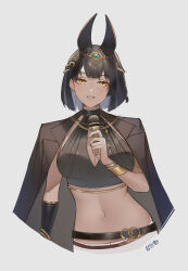 Rule 34 | 1girl, absurdres, animal ears, auroralivevr, belt, black belt, black hair, bob cut, bracelet, breasts, cleavage, hair ornament, highres, holding, holding microphone, jacket, jacket on shoulders, jewelry, large breasts, looking at viewer, microphone, midriff, milephunter, navel, serafina (auroralivevr), simple background, smile, solo, virtual youtuber, white background, yellow eyes