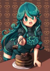 Rule 34 | 1girl, :d, absurdres, apron, aqua hair, borokuro, cake, cake slice, chocolate, chocolate cake, creatures (company), food, fork, game freak, gen 4 pokemon, green eyes, green thighhighs, highres, leaning forward, long hair, looking at viewer, nintendo, open mouth, personification, plate, pokemon, ribbed sweater, smile, solo, sweater, table, tangrowth, thighhighs, very long hair, wavy hair