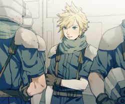 Rule 34 | 4boys, armor, belt, blonde hair, blue eyes, blue pants, blue shirt, brown gloves, cloud strife, cowboy shot, crisis core final fantasy vii, final fantasy, final fantasy vii, gloves, green scarf, hair between eyes, hand on own hip, hand on own arm, helmet, highres, holding, holding helmet, looking at another, male focus, multiple boys, pants, parted lips, scarf, shinra infantry uniform, shirt, short hair, short sleeves, shoulder armor, smile, spiked hair, square enix, suba betsu, suspenders