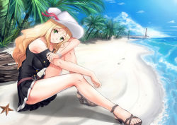 Rule 34 | 1girl, absurdres, bare legs, barefoot, beach, blonde hair, blue sky, bracelet, breasts, building, cloud, day, dress, green eyes, hat, high heels, highres, horizon, jewelry, legs, lighthouse, medium breasts, necklace, ocean, original, outdoors, palm tree, pearl necklace, ring, sand, sandals, sky, smile, solo, soyokaze, starfish, tree, water