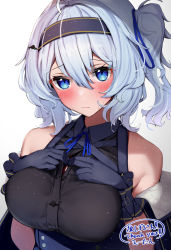 Rule 34 | 1girl, bare shoulders, black gloves, black hairband, black jacket, black shirt, blue eyes, blue ribbon, blush, breasts, button gap, closed mouth, commentary request, commission, ei tantan, gloves, grey hair, hair ornament, hairband, hairclip, hands on own chest, highres, jacket, large breasts, looking at viewer, neck ribbon, off shoulder, one side up, open clothes, open jacket, original, ribbon, shirt, short hair, simple background, skeb commission, solo, thank you, underbust, white background