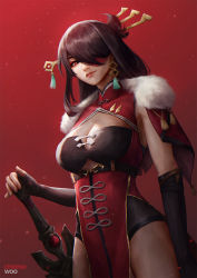 Rule 34 | 1girl, artist name, beidou (genshin impact), black leotard, breasts, brown hair, capelet, cheesewoo, chinese clothes, cleavage, cowboy shot, earrings, elbow gloves, eyepatch, eyeshadow, fingerless gloves, fur trim, genshin impact, gloves, hair ornament, hair over one eye, hair stick, hand on hilt, highres, jewelry, large breasts, leotard, lips, long hair, looking at viewer, makeup, pelvic curtain, red background, red eyes, solo, sword, tassel, tassel earrings, weapon