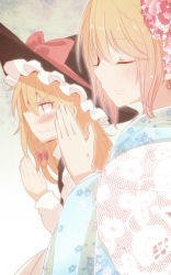 Rule 34 | 2girls, alice margatroid, alternate costume, aoi (annbi), blonde hair, blurry, blush, bow, braid, clenched teeth, closed eyes, depth of field, embarrassed, floral print, flower, gradient background, hair bow, hair flower, hair ornament, hat, japanese clothes, kimono, kirisame marisa, long hair, multiple girls, own hands clasped, own hands together, short hair, smile, teeth, touhou, witch hat, yellow eyes
