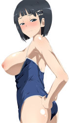 Rule 34 | 10s, 1girl, adjusting clothes, adjusting swimsuit, black eyes, black hair, blunt bangs, blush, breasts, breasts out, clothes pull, competition school swimsuit, from side, hair ornament, hairclip, kiiro no nantoka, kirigaya suguha, large breasts, looking at viewer, nipples, one-piece swimsuit, one-piece swimsuit pull, school swimsuit, short hair, simple background, solo, standing, swimsuit, sword art online, white background