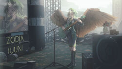 Rule 34 | 1girl, :o, absurdres, black footwear, boots, commentary, feathered wings, from side, green hair, green jacket, green skirt, guitar, highres, holding, holding instrument, idol, instrument, jacket, knee boots, long hair, long sleeves, looking ahead, microphone, microphone stand, mouse (animal), open mouth, orange wings, original, outdoors, parted bangs, patch oxxo, rubble, ruins, screen, skirt, solo, speaker, stage, symbol-only commentary, wings, yellow eyes, zoom layer