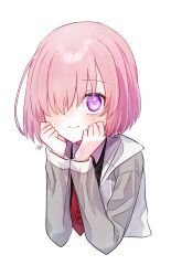 Rule 34 | 1girl, absurdres, black shirt, blush, closed mouth, cropped torso, fate/grand order, fate (series), grey sleeves, hair over one eye, harukappa, highres, jacket, long sleeves, looking at viewer, mash kyrielight, medium hair, necktie, pink eyes, pink hair, print necktie, raglan sleeves, red necktie, shirt, signature, simple background, smile, solo, straight hair, upper body, white background, white jacket, wing collar